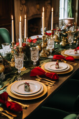 Christmas table scape, elegant formal dinner table setting, tablescape with holiday decoration for party event celebration, generative ai