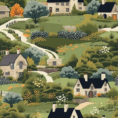 Seamless pattern, English countryside landscape and cottage country style print for wallpaper, wrapping paper, scrapbook, fabric and product design, generative ai