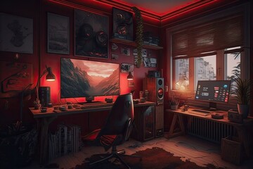 Interior of a room with computer in the red mood background. Generative AI.	
