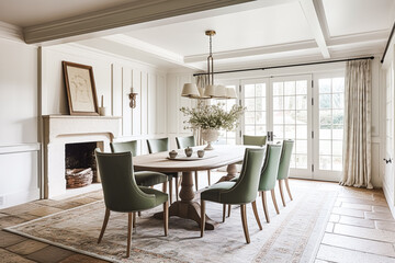 Interior design, white dining room decor and house improvement, furniture, table, chairs and home decor, country cottage style, generative ai