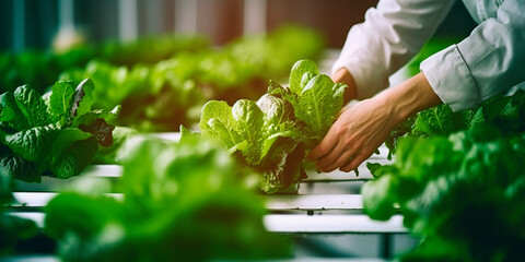 Close up person checking lettuce in hydroponics row on raised beds. Generative AI 