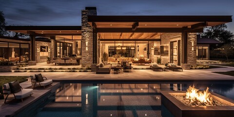 Luxury home with pool at night, generative ai