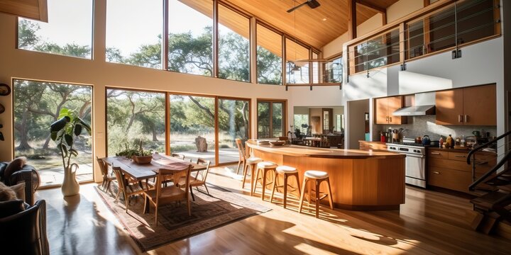 Luxury wooden house with an open plan kitchen, generative ai