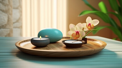 Calming spa composition on massage table in wellness center, serenity, peace, calm, stress-free