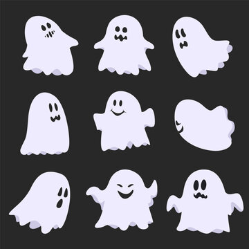 Cartoon halloween ghost, ghosted spooky spirit and mysterious phantoms. Scary ghost characters, fly funny spook, cute smiling scare halloween ghost mascots vector illustration set.