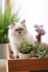 Cute Puppet Cat Behind Plants.