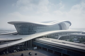 Airport station with blue sky. Generative AI.	
