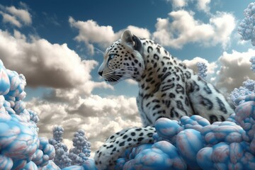 Leopard on the rock at the blue sky. Generative AI.
