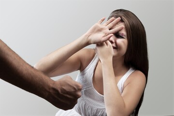 Obraz premium Woman do stop sign, protect with hands, relationship problems