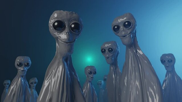 Aliens with big eyes in a blue fog.
Moving slow. 3D render animation 