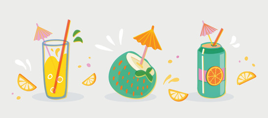 Summer cocktails vector illustration set. Hand drawn coconut cocktails, lemonade, soda can. Lemon, straw, umbrella and bubbles in risoprint style.