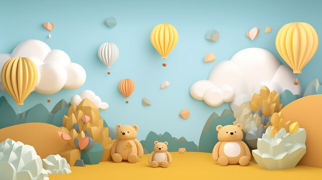 paisagem de urso com balões fundo para cenário infântil 