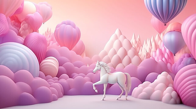 cen&aacute;rio de unicornios com bal&otilde;es 