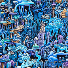 Seamless Abstract Doodle Painting. Generative AI.
A digital painting of blue and grey doodles that is seamless and repeating.