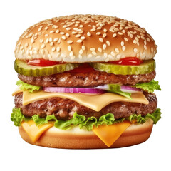 Delicious Double Beef Burger consists of Bun Bread Patty Pickle Onion Mayonaisse Ketchup Cheddar Cheese and lettuce