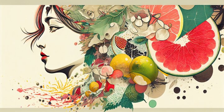 Fruits and women painted in watercolors Nostalgic and dreamy Vivid and colorful Illustrations generated by abstract, elegant and modern AI