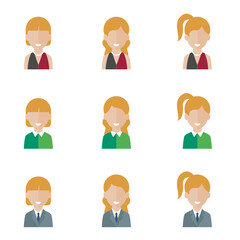 Simple avatar icons of various business women. Icon isolated on white background. 