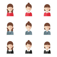 Simple avatar icons of various business women. Icon isolated on white background. 