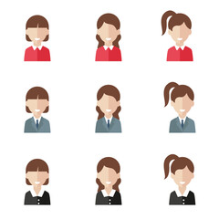 Simple avatar icons of various business women. Icon isolated on white background. 