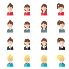 Simple avatar icons of various business women. Icon isolated on white background. 