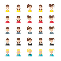 Simple avatar icons of various business women. Icon isolated on white background.