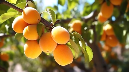 A bunch of ripe apricots on a branch. Generative AI
