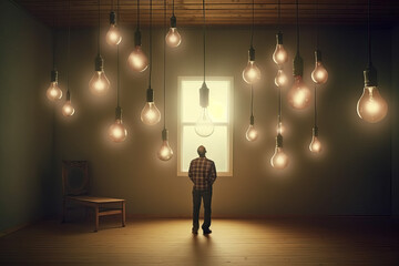 Many switched on electric light bulbs on a dark background.