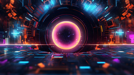 Create a futuristic and technology-themed abstract background image with vibrant neon colors and dynamic shapes.
