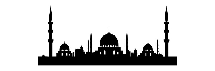 Flat style Muslim mosque silhouette.Vector illustration cartoon design.Beautiful muslim temple icon illustration.islam minaret.Eid Mubarak greetings.Ramadan Kareem.
