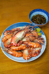 Fresh and plump boiled Roche prawns