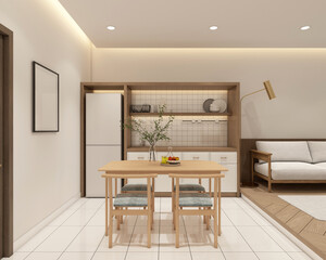 Modern japan style tiny room decorated with kitchen cabinet and dining table set, white tile wall and white tile floor, minimalist sofa and raised wooden floor.3d rendering