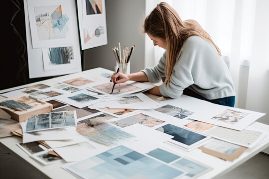 A young woman carefully selects images and samples for a moodboard.