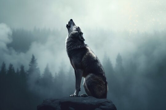 Intense Wolf Howling at Full Moon, Generated Ai