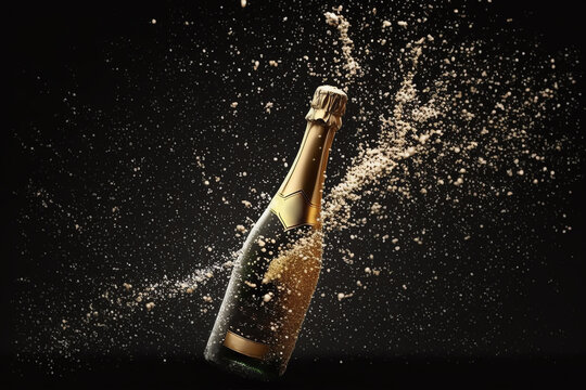 a bottle of champagne with white champagne splash on dark background. Pouring champagne. Generative AI