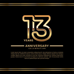 13th year anniversary celebration logo design with gold number, vector template illustration
