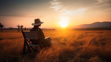 Naklejka na ściany i meble A woman in a hat sits on a chair and looks at the sunset. Generative AI