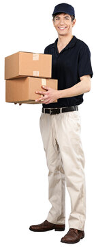 Smiling Deliveryman Holding a Cardboard Boxes