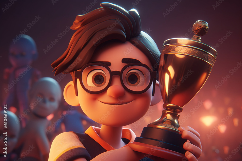 Wall mural An animated character on the screen holding a trophy, while the player smiles with joy Generative AI