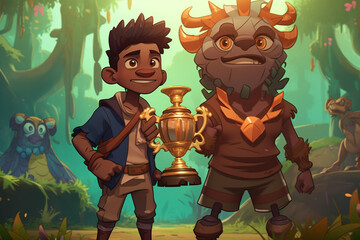 An animated character on the screen holding a trophy, while the player smiles with joy Generative AI