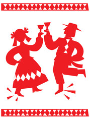 Obraz premium Pair of a man and a woman dance with glasses of alcohol drink. Party, fest in national slavic, balkan, costume silhouettes. Belarusian and ukrainian vycinanka. Folk decoupage simple motives.