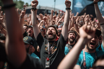 A gamer surrounded by a crowd of cheering virtual fans, holding up their hands in celebration Generative AI