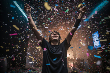 A gamer triumphantly raising their controller in the air, surrounded by confetti Generative AI