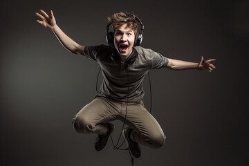 Fototapeta na wymiar A gamer wearing a headset and holding a gaming console, leaping with joy Generative AI