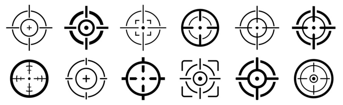 Target icons set. Gun target, focus, crosshair, reticle, viewfinder. Target destination flat and line style - stock vector.