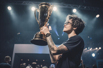 Fototapeta na wymiar A professional gamer wearing a headset, raising their championship trophy with a wide smile Generative AI