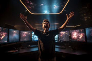 A portrait of a professional gamer standing in front of a screen displaying their victory, radiating joy Generative AI