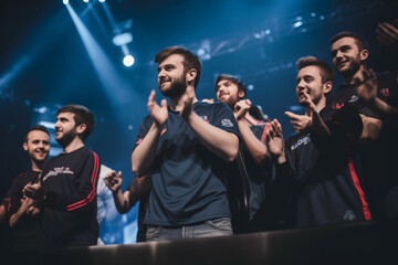 A portrait of a professional gamer with their team, all smiling and raising their hands in unison to commemorate a win Generative AI