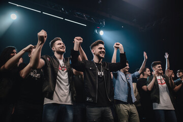 A portrait of a professional gamer with their team, all smiling and raising their hands in unison to commemorate a win Generative AI