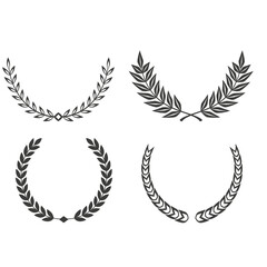 Gold laurel legend, winner award set vector illustration. Golden branch of olive leaves or stars of victory symbol, badge emblem decoration design, triumphant honor award isolated on white