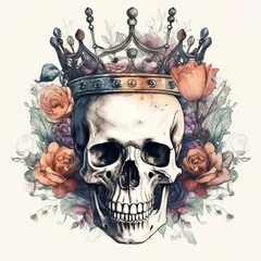 Wall murals Aquarel Skull watercolor illustration of a human skull in a crown and in flowers isolated on a white background. generated ai